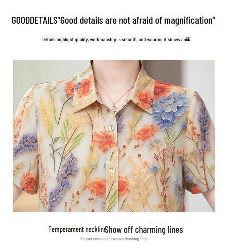 High-End Silk Shirt for Women: Short-Sleeved Summer Top for Middle-Aged & Elderly