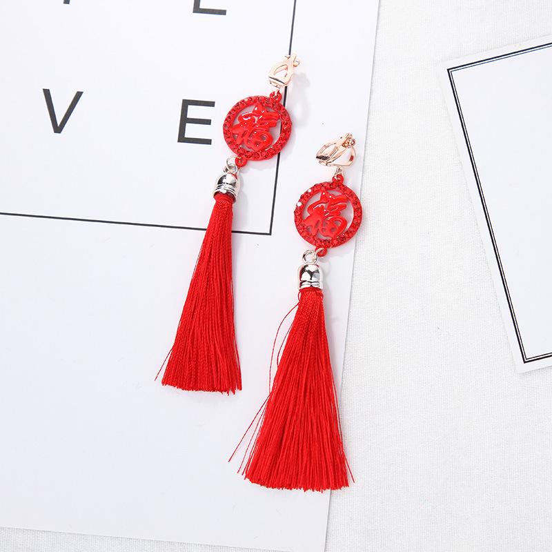 Hanfu-Inspired Red Tassel Clip-On Earrings with Chinese Knot Design