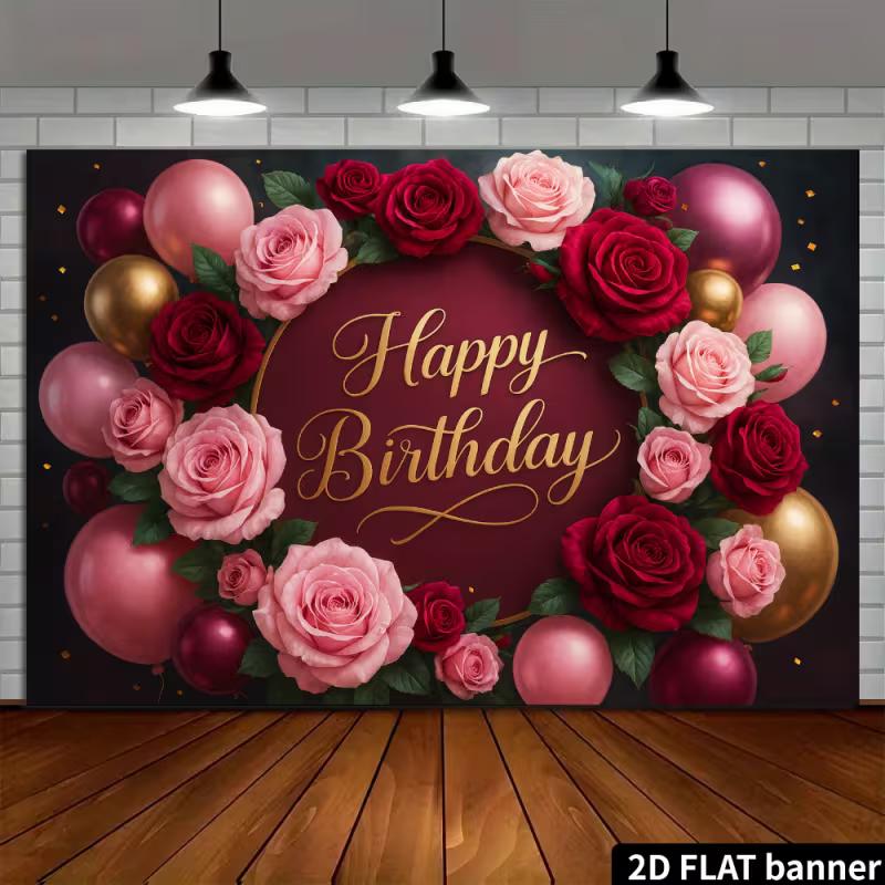 2D Flat Floral Happy Birthday Party Photo Booth Background Cloth