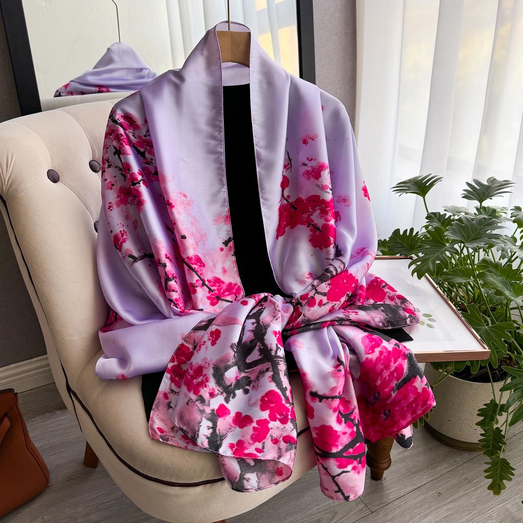 Latest Spring High Quality Soft Silk Scarf Women Ladies Elegant Floral Scarf Fashion Shawl Beach sun Protection Designer Scarf