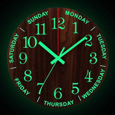 Luminous Wall Clock 12 Inch Wooden Silent Non-Ticking Kitchen Wall Clocks With Night Lights For Indoor/Outdoor Living Room