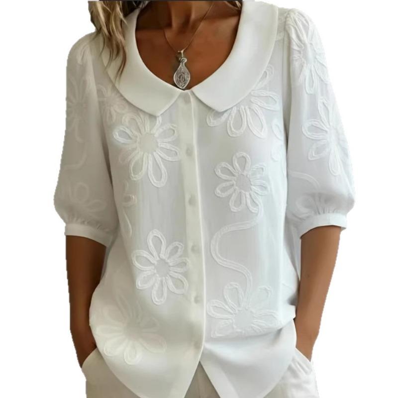 Elegante Camicia Ricamata con Fiori Casual Larga Retro Bottoni Manica Corta Colore Bambola Blusa Casual Monocolore Dolce Moda Ufficio Top Basici