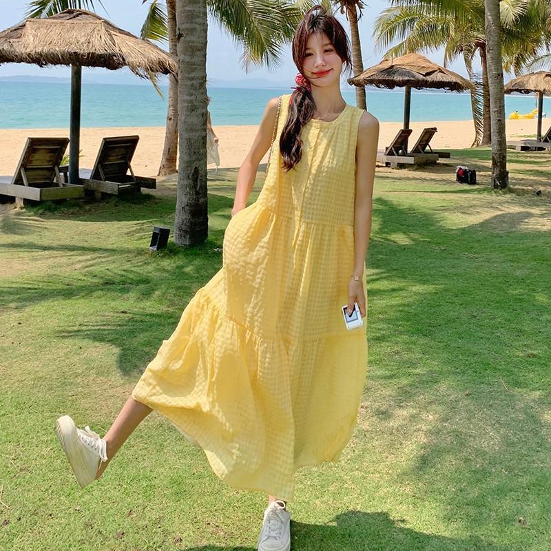 New Summer 2026 Women s Yellow Sleeveless French Vest Dress - Beach Resort Style XXL