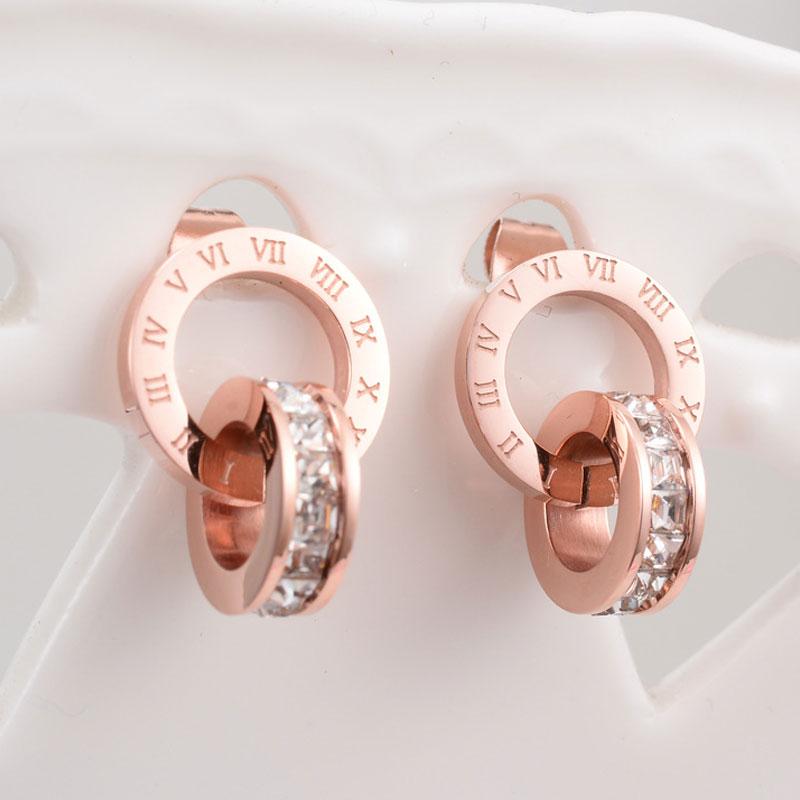 Top Brand Hight Quality Titanium Steel Double Wound Roman Numerals Crystal Stud Earrings For Women Gift Jewelry