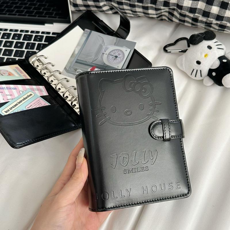 Kawaii Kitty A7 Retro Small Notebook Black Faux Leather Binder Portable Diary Set With Card Holder Student Stationery Supplies
