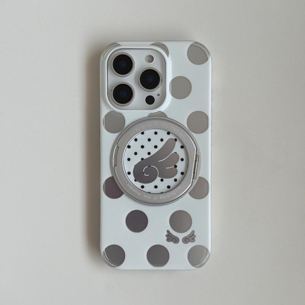Apple 17 Pro Phone Case with Electroplated Rotating Stand, Fits 16 Pro Max/15 Pro, Polka Dot Korean Style
