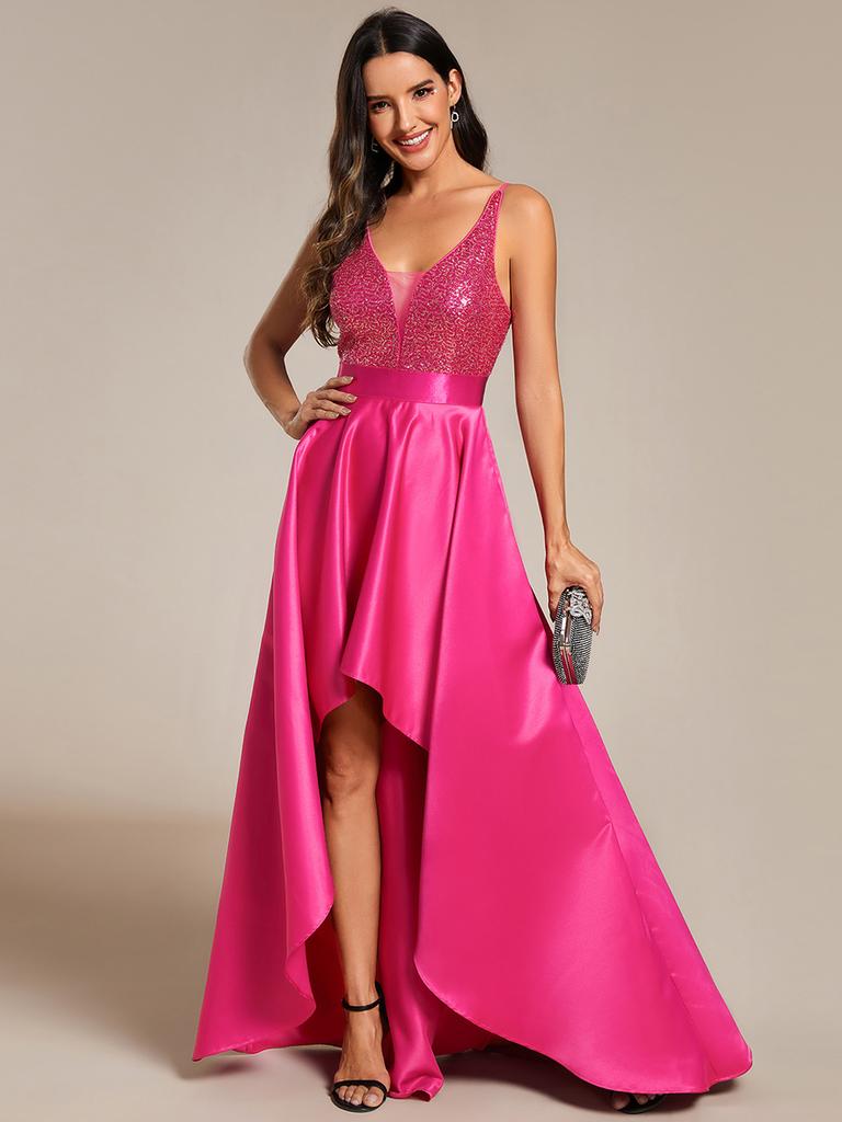 Ever-Pretty Women's V-Neck A-line High-Low Hem Backless Sparkly Prom Dress Plus Size Evening Dresses
