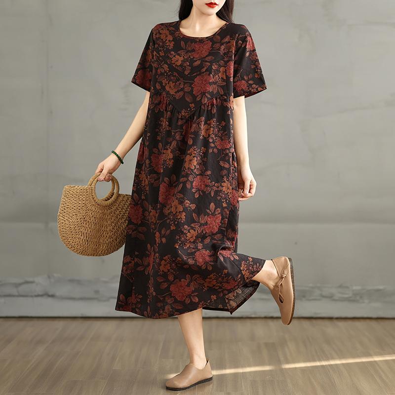 

DIMANAF 2025 New Summer Women Plus Size Dress Vintage Basic Oversized Casual Loose Floral Long Dress O-Neck XL чёрный