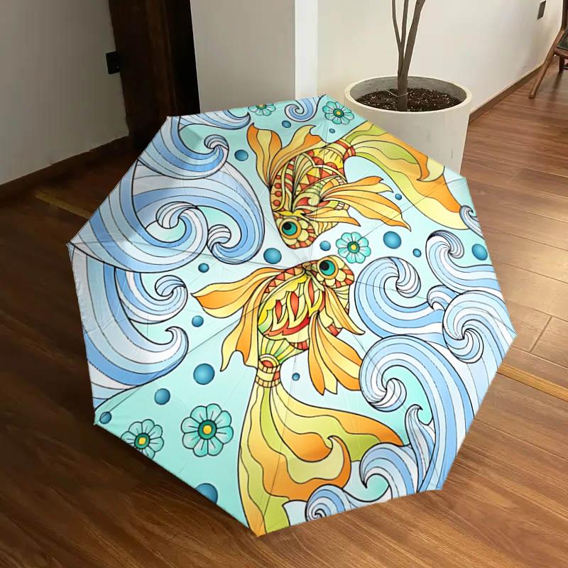 

Golden Fish Waves Auto Open Close Umbrella, Portable Folding Design with Iron Frame, Outdoor Rain Gear for Fans, Travelers, Daily Use, Festi