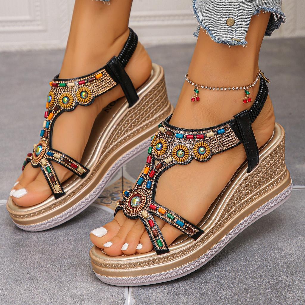 Women's Wide Width Bohemian Sandals, Beaded Wedge Heel Platform Shoes, Ethnic Style Summer Mules for Women