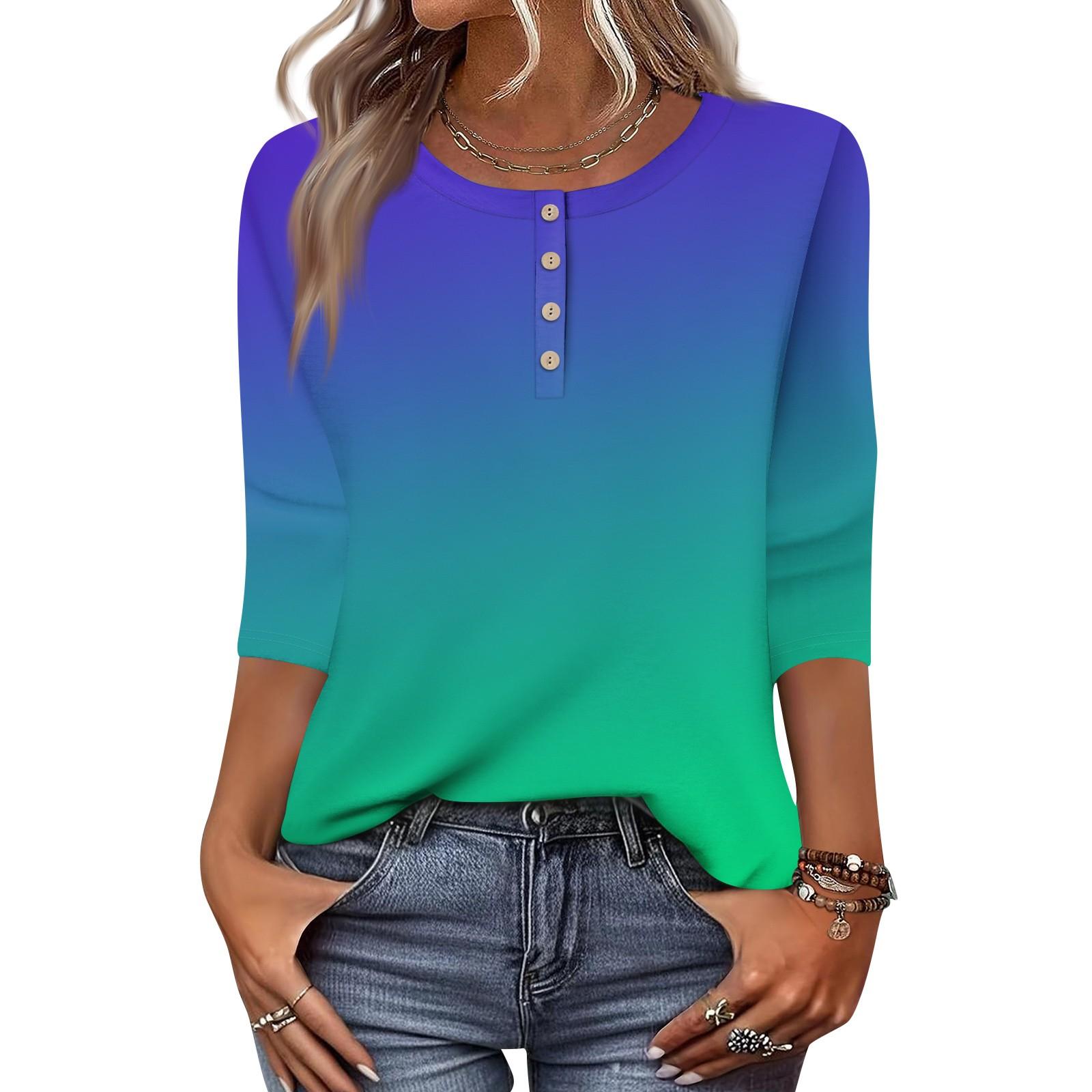 

Женские топы с рукавами 3/4 и цветочным принтом, рубашки с застежкой на пол-пуговицы, летняя блузка с круглым вырезом XL синий