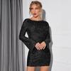 Women's Shiny Sequin Backless Lace Up Mini Dress Long Sleeved Shiny Tight Party Casual Dresses