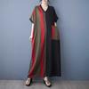 Summer Thin Cotton Linen Short Sleeved Contrasting Splicing Long Dress for Women