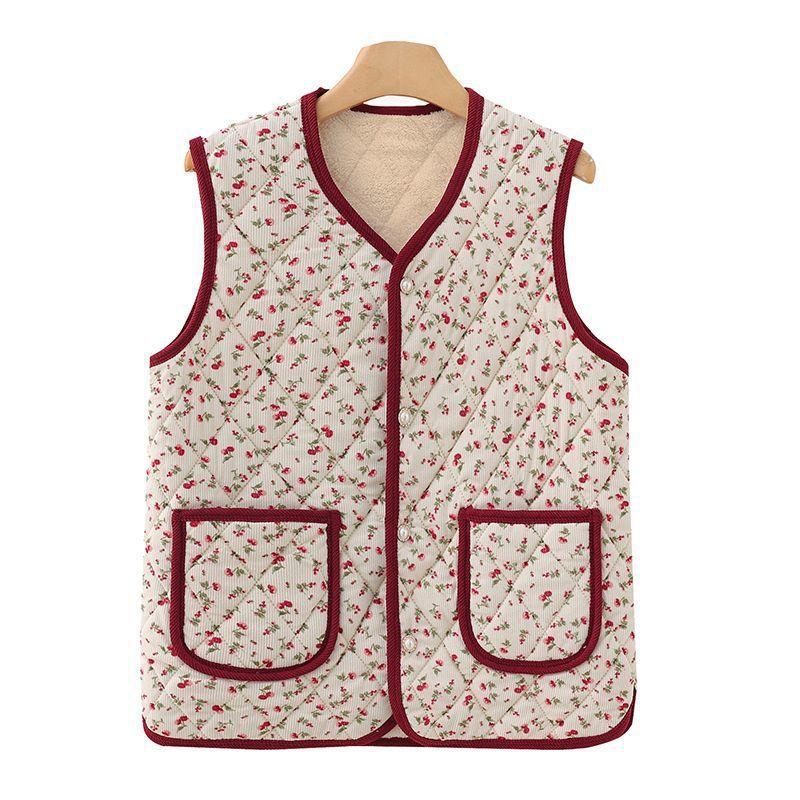 Women's V Neck Sleeveless Vest Regular Fit Vintage Floral Print Quilted Waistcoat