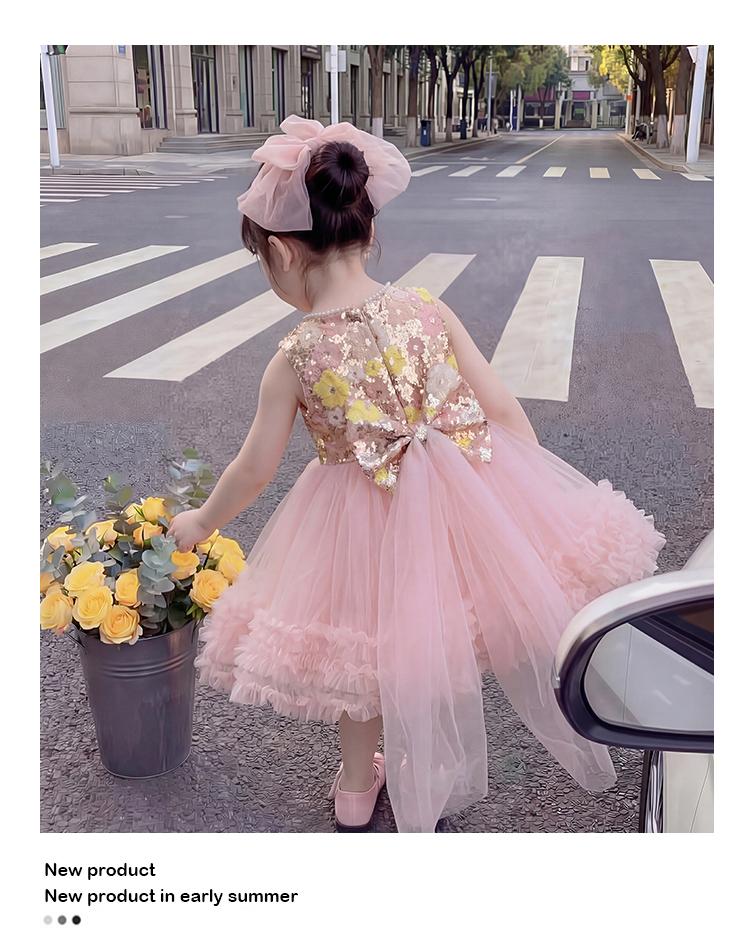 Girl's Pink Mesh Sleeveless Dress Summer Baby Girl Sweet Big Bow Dress Performance Princess Dress