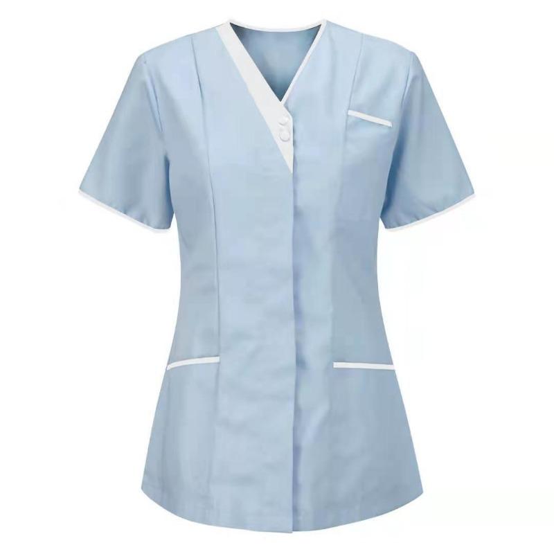 Women Solid Color Short-Sleeve V-neck Top Nurse Work Uniform Pocket Top