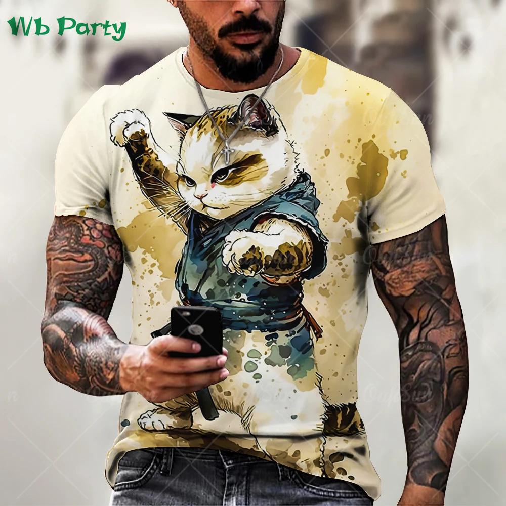 Summer Round Neck Funny Animal Samurai Cat Pattern 3D Print Top Fashionable Casual Short Sleeved Men's T-shirts