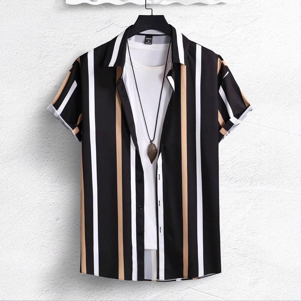 Summer New Men Clothes Short Sleeve Lapel Shirt Tops Fashion Stripe Design Men Tops