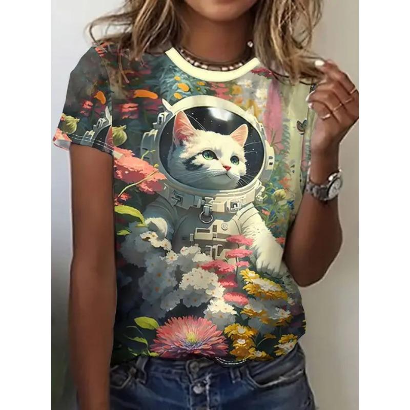 Summer Round Neck 3D Animal Print Top Fashionable Casual Short Sleeved Women's T-shirts