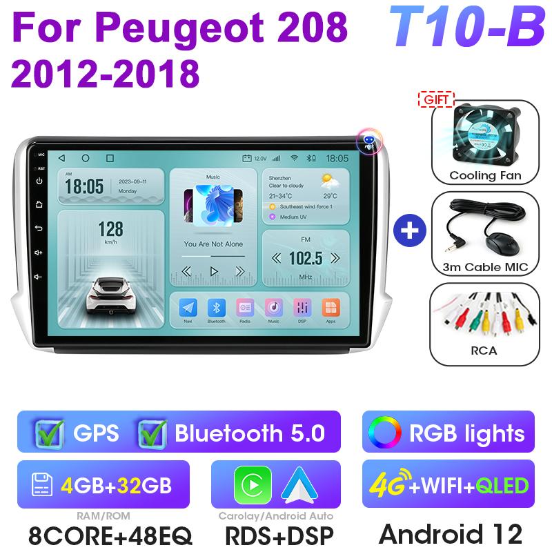 Android 12 Car Radio 10" For Peugeot 208 2008 2012 - 2018 2 Din Stereo Multimedia Video Player GPS 4G Wireless Carplay Auto DVD
