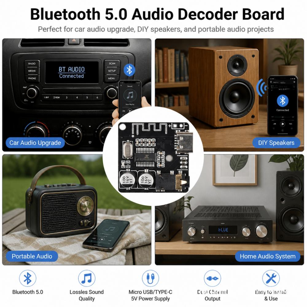 VHM-111 Wireless Stereo Music Module Audio Aux Bluetooth-Compatible 1.1/1.1 MP1 Decoding Player Board Type-C Micro USB 1V Power