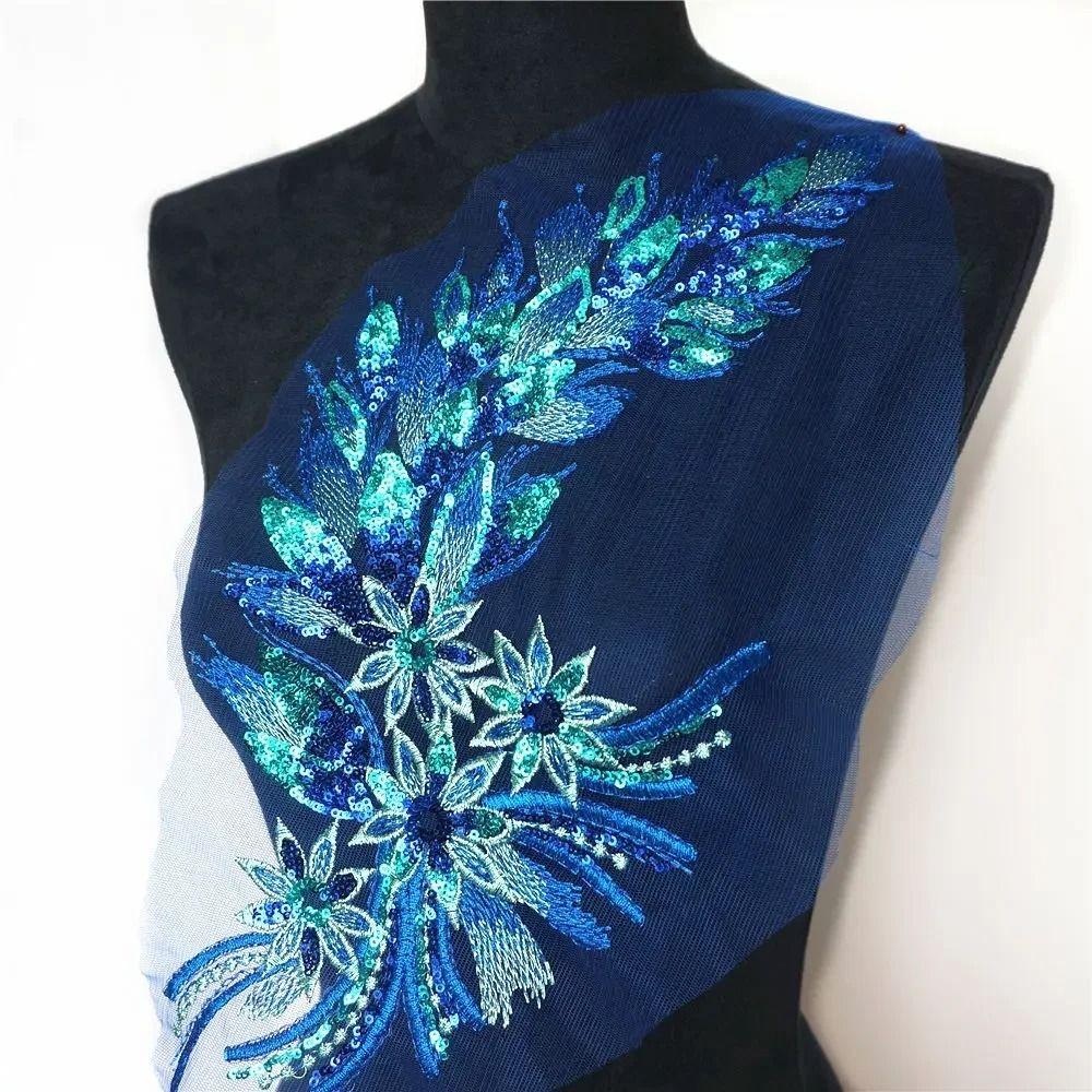 Blue Black Gold Embroidered Floral Patches Sequins Patches Wedding Gown Decoration DIY