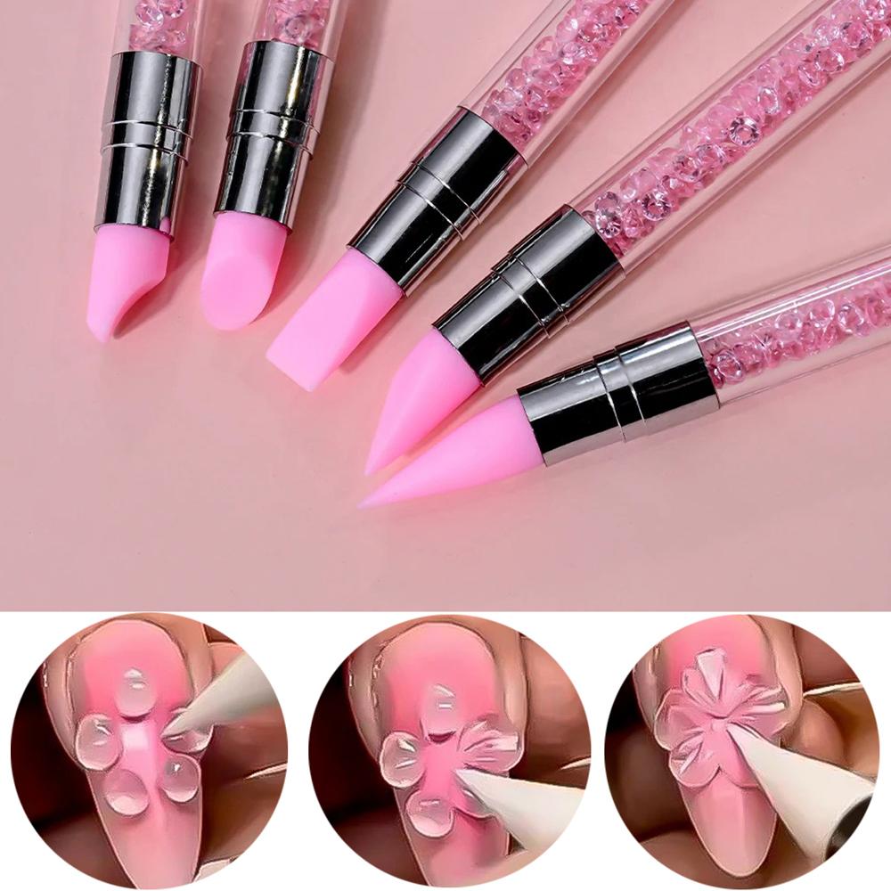 5PCS Dual-Headed Silicone Nail Art Brushes Sculpture Pen Rhinestone Gem Picker Wax Pen Nail Dotting Polishing Drawing Tools