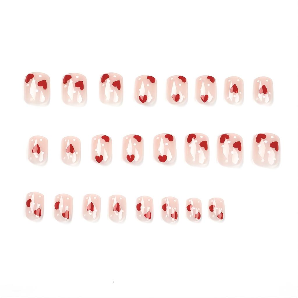 24pcs Press On Nails, Glossy Short Square Shape Acrylic Fake Nails With Red Heart Design, False Nails Decorations Kit For Women