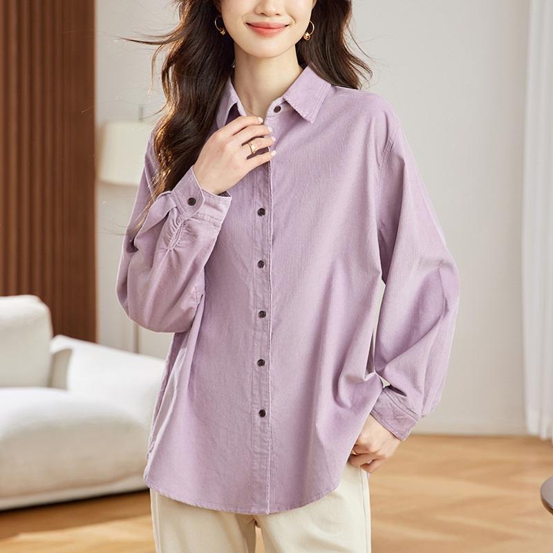 Purple Corduroy Shirt Long-sleeved Spring Simple Commuter Blouse Korean Women's Shirt