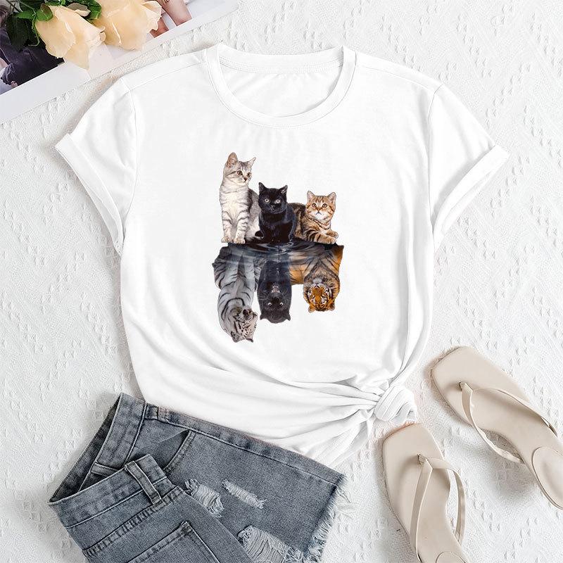 Summer Women's Three Cat Printed Loose Round Neck Casual Cotton Short Sleeves T-Shirts Women's