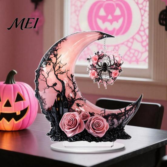 Dark Aesthetic Room Decor Halloween Style Table Decorations, Acrylic Pink And Black Gothic Centerpiece, Tiered Tray Seasonal Displays Crescent