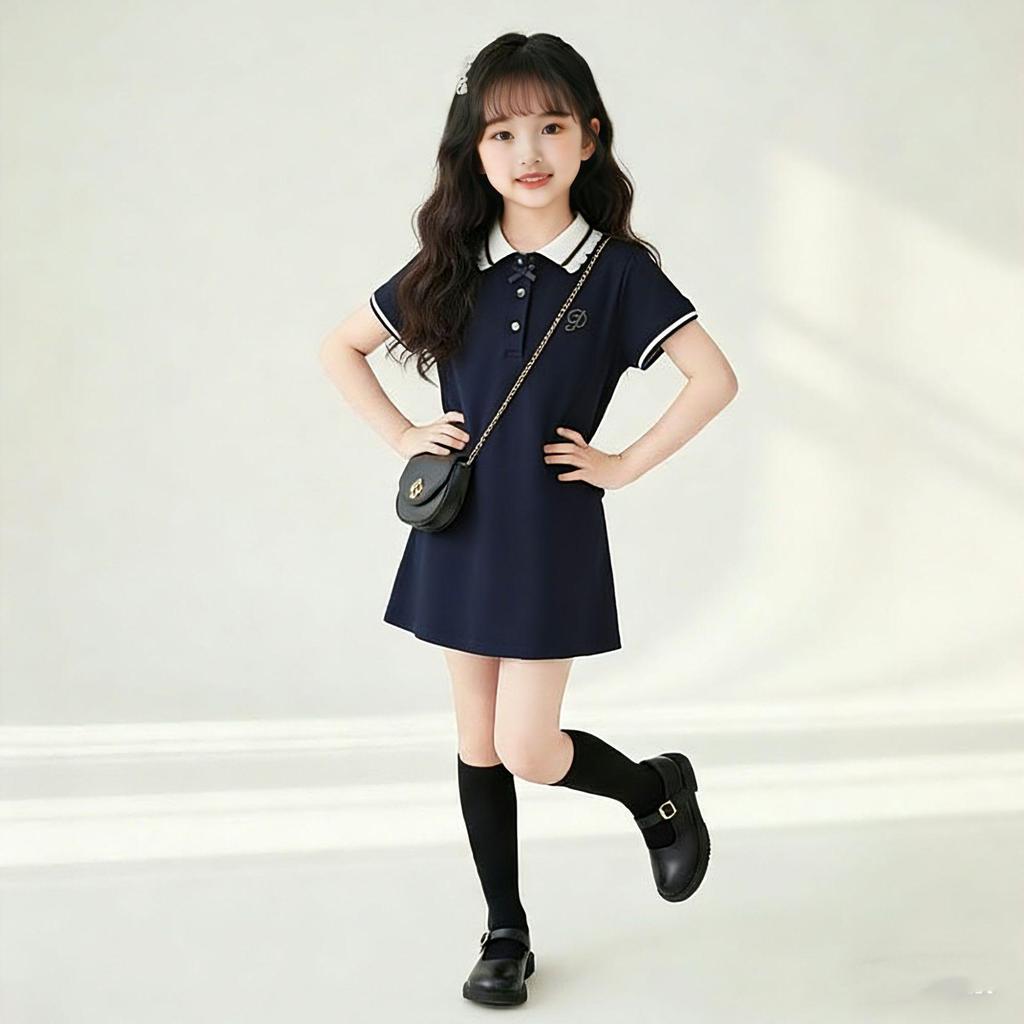 Girls' POLO Collar Summer Dress: Trendy, Elegant Academy Style Princess Dress