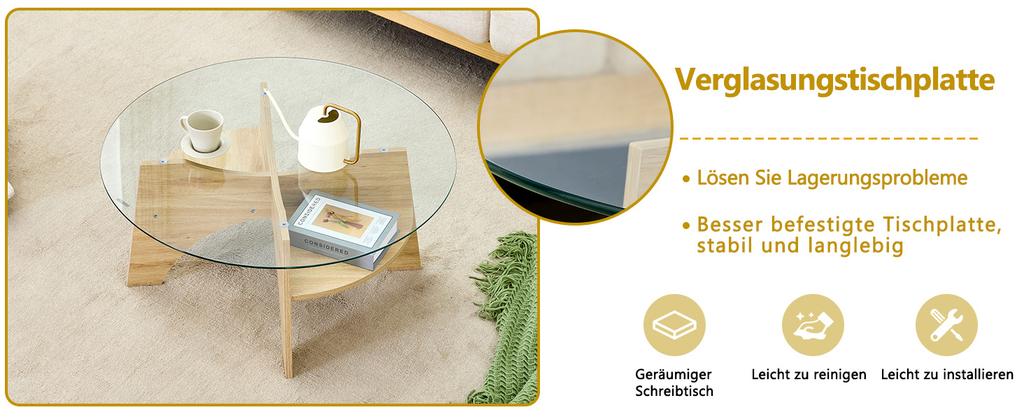Modern Round Glass Coffee Table – diameter 80 cm with Transparent Top. Fan-shaped Frame, Table Legs MDF Natural Wood Tone. Ideal for Living Room.