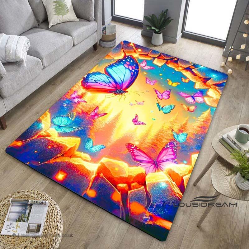 Customizable3D Luxury Dream Butterfly Flower Non-Slip Carpet for Home Living Room Bedroom Sofa Washable Kid Play Area Rug Decor