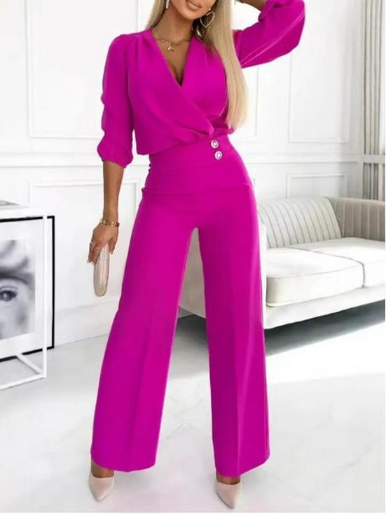 2025 Women's Solid Color V-neck Two-Button 2-Piece Pants Set