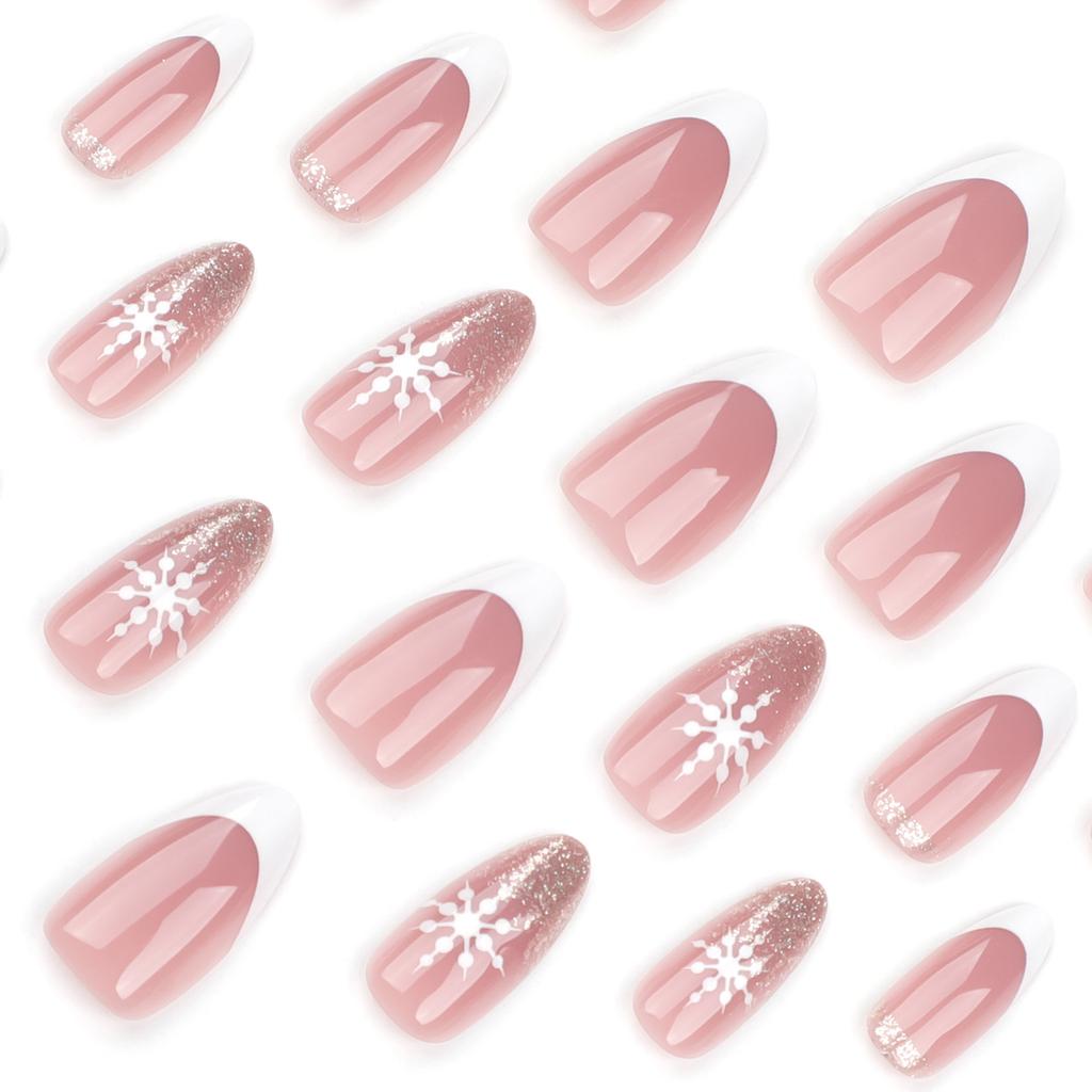 24 Pieces Simple French White Wearing Nail Christmas Snowflake Nail Art Fake Nail Gold Glitter Short Nail Piece