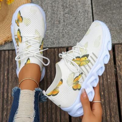 Moda Feminina Borboleta Estampa Tênis de Malha Respirável Malha Sapatos Esportivos para Mulheres 2024 Novos Tênis Plataforma Leves Antiderrapantes