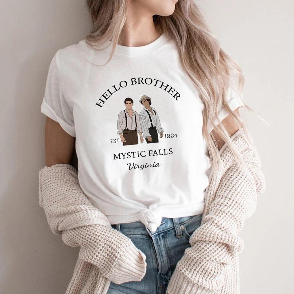 Hello Brother T-Shirt Mystic Falls Virginia Tshirt Stefan and Damon Salvatore Tee Γυναικεία ρούχα Streetwear Top Vampire Fan δώρο