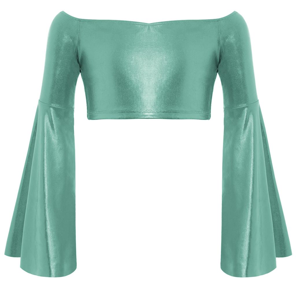 Flickors Prestanda Crop Top Lång Utställd Ärm Off Shoulder Metallisk Design Födelsedagsfest Toppar