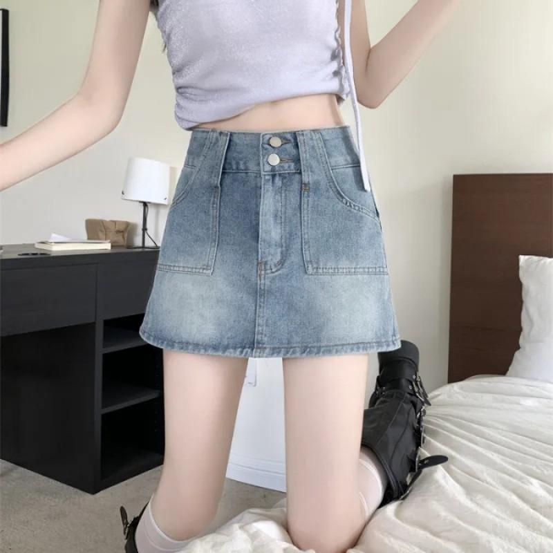 High Waist A-Line Denim Skirt Women Vintage Washed Short Plus Size Mini With Slight Stretch