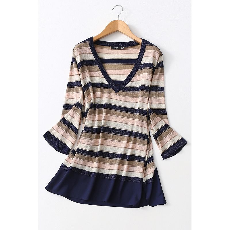 Export Export Chiffon Patchwork Bright Silk Stripes V-neck Sweater Spring & Fall Thin Loose Plus Size Bottoming Shirt Plus Size Ladies
