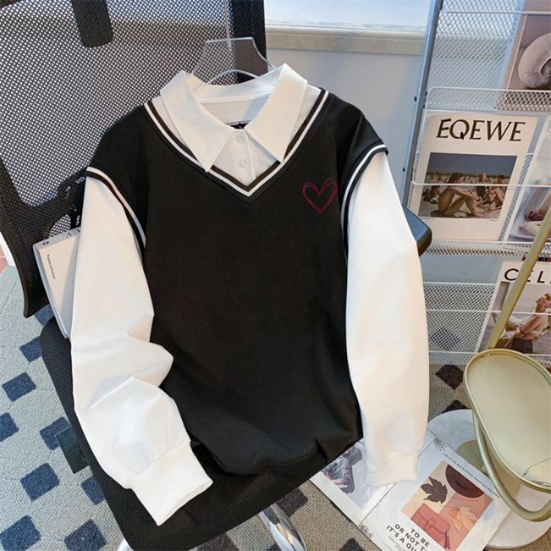 

Весна Осень Женская Одежда Отложной Воротник Геометрический Пуловер Пуговицы Фонарик Длинный Рукав Офисная Леди Имитация Двойки Топы XXL чёрный