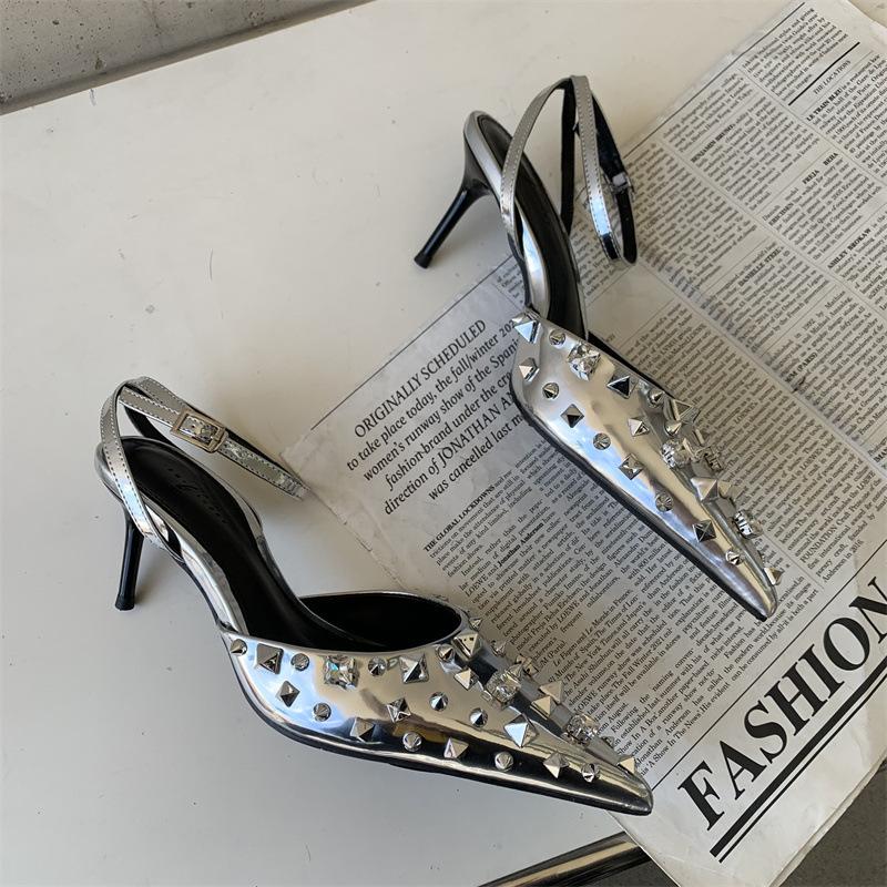 

Fashion 2025 New Shoes Europe And The United States Wind Willow Nail Water Brick Patent Leather Slender Heel Pointed High Heels Women 35 серебряный