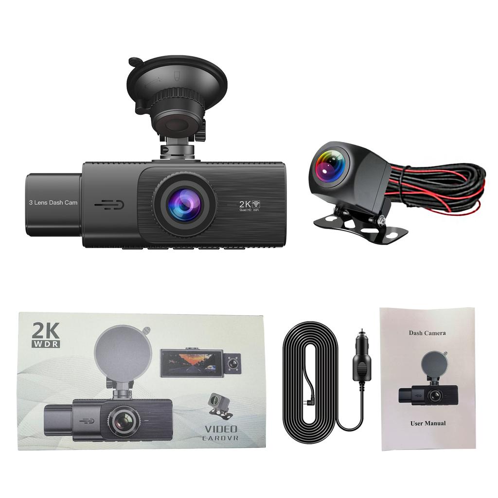 3 Channel WiFi GPS Dash Cam Car DVR Black Box 2K Video Recorder Front Inside Rear View Camera Car Accessories