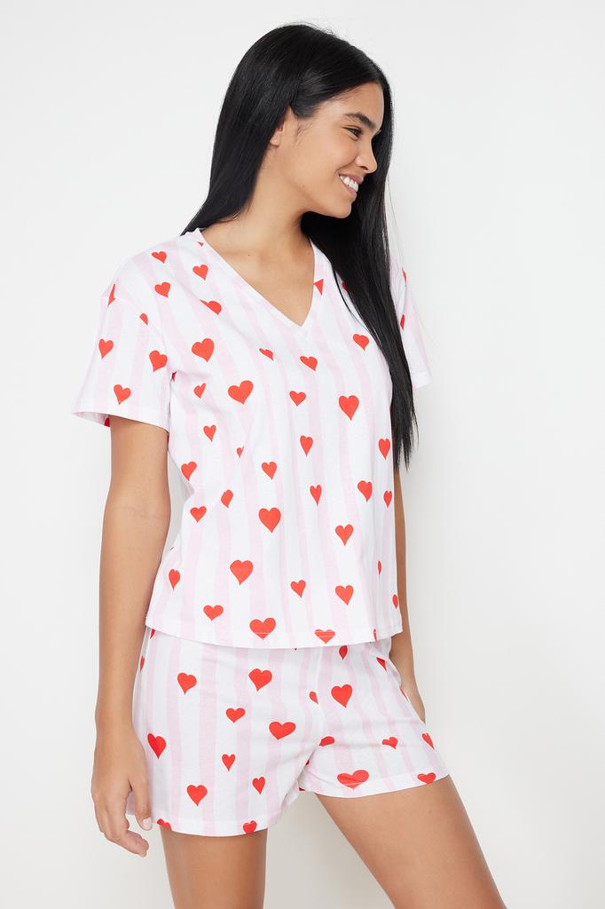 Conjunto de pijama de malha feminino estilo homewear branco multicolorido 100% algodão divertido