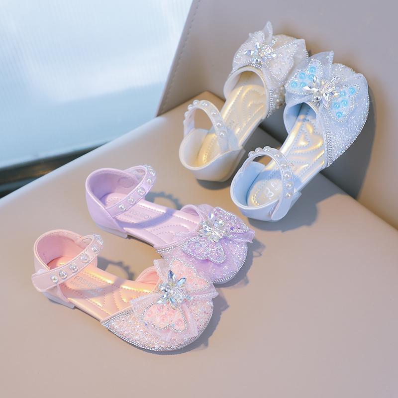 Girls Princess Shoes Mesh Lace Bow Kids Half Sandals Beauty Crystal Fairy Style 2025 New Girls Dance Shoes for Party Wedding