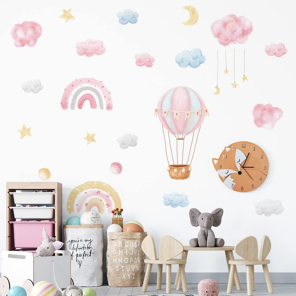 Fanquare Rainbow Hot Air Balloon Wall Decals Pink Clouds Moon Stars Wall Stickers Watercolor Wall Decor for Kids Girls Bedroom Living Room Decor