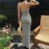 European and American neck striped knitted long dress, slim-fitting hip-wrapped backless holiday style thin dress women's summer