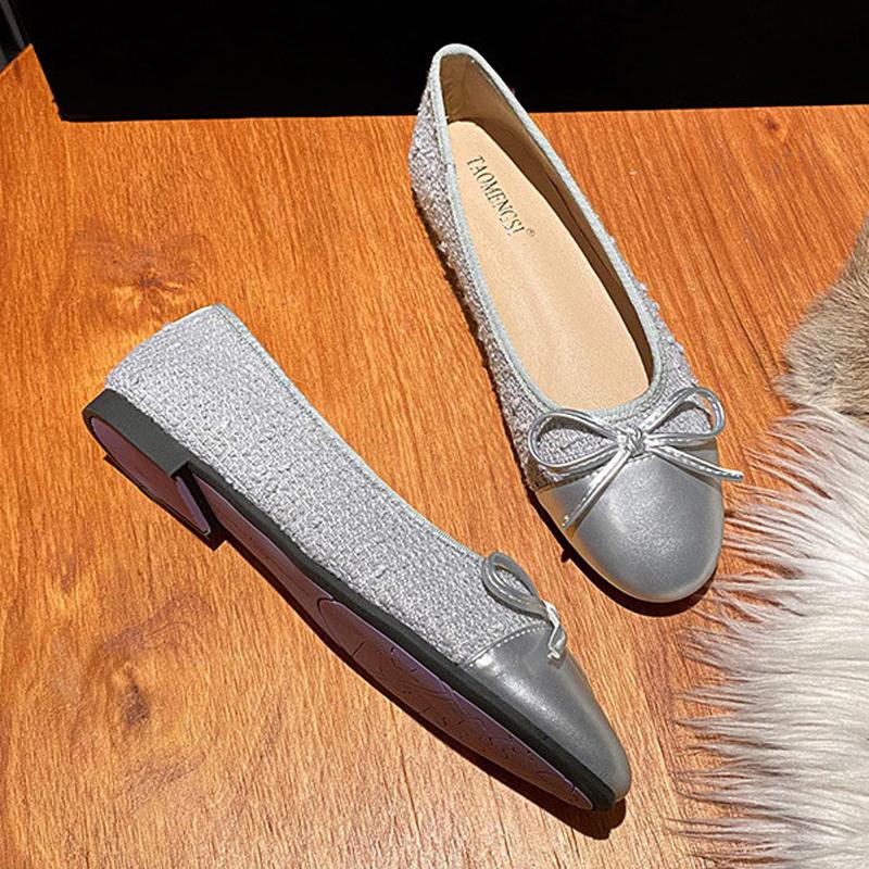 Fashion 2025 Ladies Silver Patchwork Bowtie Ballets Cloth Fabric Flats Round Toe Mocasines Dress Slip On Ballerinas Shoes Women Wedding