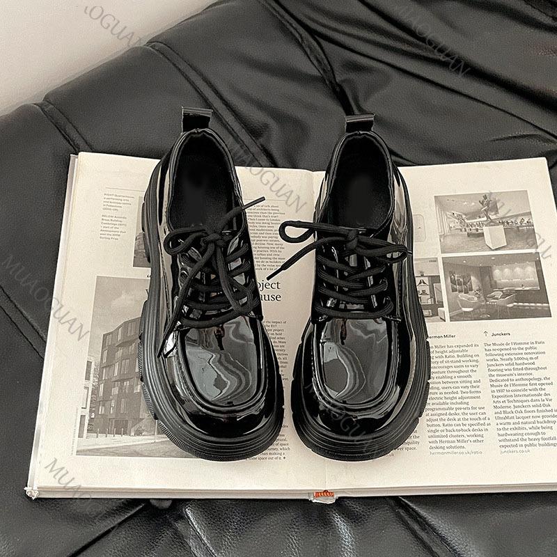 Fashion Fashion British Style Leather Loafers Black Female 2025 Autumn New Thick Bottom High Heel Shoes for Women Platform Lace Up Pumps